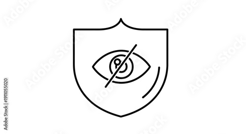 Minimalist outline icon depicting a shield protecting an eye with a line strikeout symbolizing security and privacy protection on transparent background
