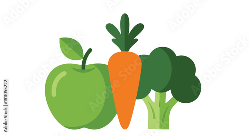 Stylized illustration of fresh produce including an apple carrot and broccoli