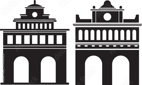 Classical Building Facade Silhouettes, Black and White Vector Graphics of Architecture