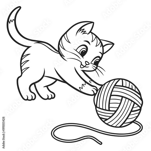 Adorable cartoon kitten plays energetically with a large ball of yarn in this charming and simple black and white line art illustration perfect for coloring activities.
