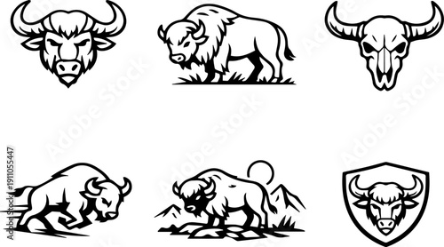 Wild bison and bull mascot icon set
