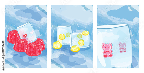 Aesthetic watercolor posters set with decorative glassware and sweets