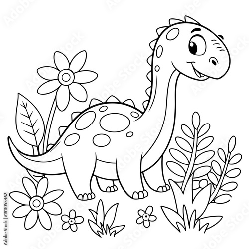 Cute cartoon baby long neck dinosaur happily standing among various flowers and detailed jungle foliage for children coloring book page