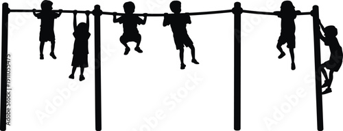 Children playing on monkey bars silhouettes isolated on white background, kids climbing and hanging, outdoor playground activity concept, childhood fun and sport illustration.