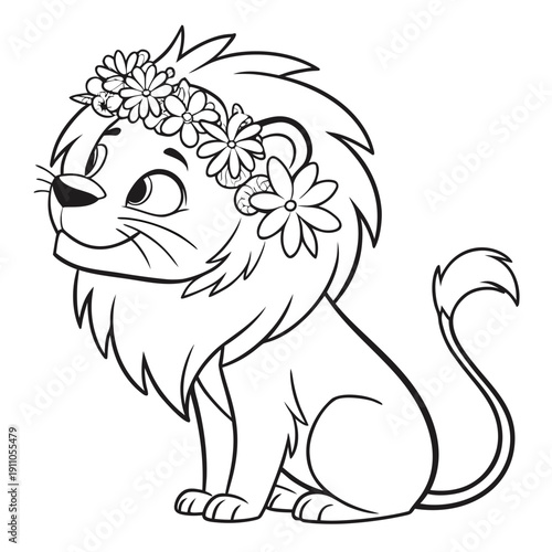 Adorable cartoon baby lion cub wearing a beautiful flower crown sitting patiently waiting for springtime coloring book fun