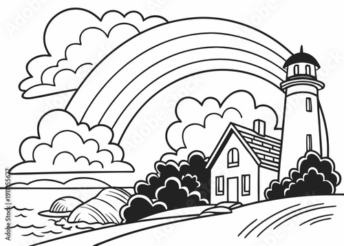 Coloring page featuring a charming lighthouse and small cottage situated beside the sea beneath a magnificent rainbow and stylized clouds