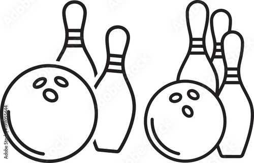 Two black outline icons of bowling balls and pins, representing the sport and recreation, isolated on white background.