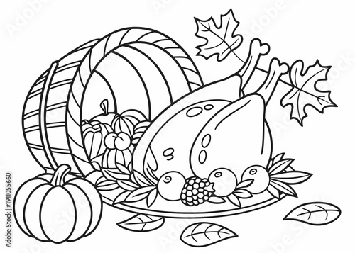 Outline drawing of a bountiful autumn harvest cornucopia filled with holiday turkey roasted poultry and seasonal fall vegetables for coloring fun