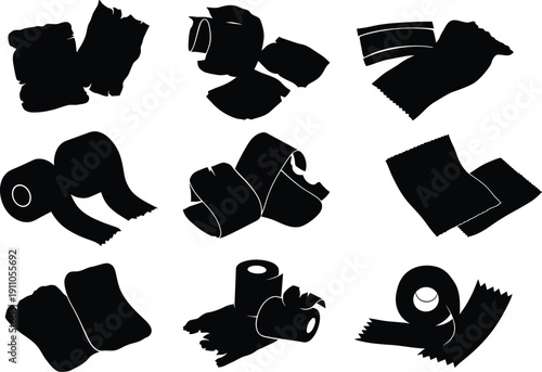 A collection of black abstract shapes on a white background