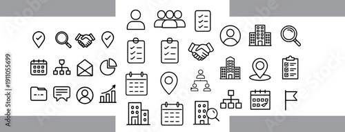 Human Resources & Business Management Vector Icon Set – Minimalist Monoline Line Art on png background, human resources icon set, business management icons, HR vector icons, minimalist monoline icons,