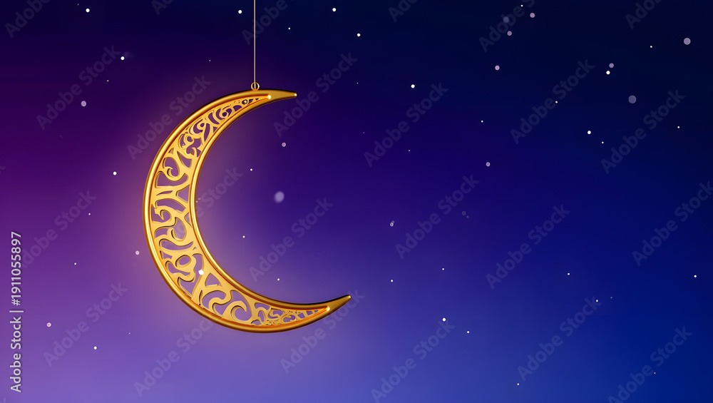 Naklejka premium Beautiful Golden Crescent Moon Ornament with Ornate Patterns Hanging Against a Deep Blue and Purple Starry Night Sky, Perfect for Ramadan Kareem, Eid Mubarak, and Islamic Holiday Backgrounds.