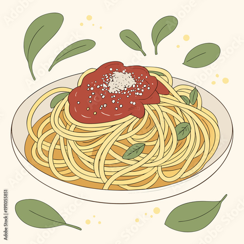 Cartoon Pasta Bowl Illustration Isolated on White. Italian Pasta Dish Vector Flat Design. Spaghetti with Tomato Sauce Clipart Illustration. Delicious Pasta Plate Top View Vector Art. Hand Drawn Style 