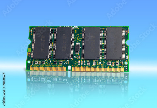Memory module with DRAM chips installed on a green circuit board for DDR and SODIMM formats in a clear background