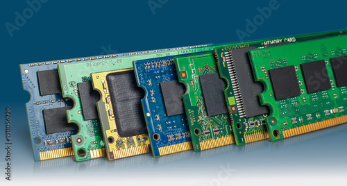Different types of memory modules including DRAM, DDR, SODIMM, and DIMM arranged in a line highlighting a shortage in supplies