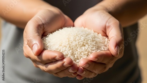 Hands holding white rice grains.