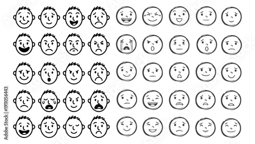 50 Hand-Drawn Cartoon Faces – Simple Emotions Grid, cartoon faces, hand-drawn faces, emoticons, simple faces, black and white, expressive faces, emotions illustration, happy face, sad face, angry face