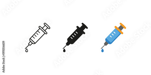 Syringe Icon Set – Outline, Solid and Color Medical Injection Vector Collection