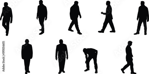 Collection of male walking silhouettes isolated on white background, men in different poses, pedestrian and business commuter concept, black human figures illustration set.