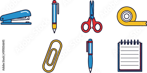 Office supplies set illustration stapler pen scissors paperclip tape notebook