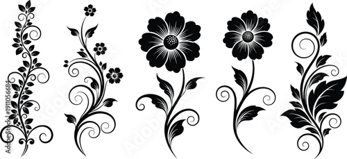 Collection of elegant floral silhouette ornaments with swirling leaves and blooming flowers, decorative botanical vector elements for vintage design use