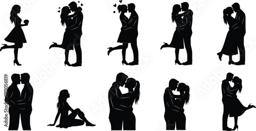 Romantic couple silhouettes in love poses including kissing, hugging, and affectionate moments, black vector illustration set for relationship themes