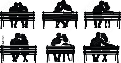 Romantic couple silhouettes sitting together on park bench in affectionate poses, love relationship vector illustration set for Valentine and dating themes