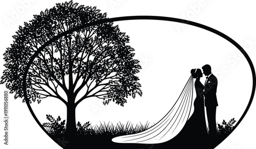 Romantic wedding couple silhouette under tree with flowing dress and oval frame, elegant love vector illustration for marriage celebration design