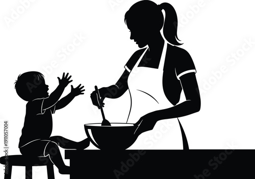 Silhouette of mother and child baking together in kitchen, mixing bowl preparation, family cooking moment, parenting and home lifestyle concept illustration
