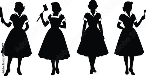 Vintage housewife silhouettes holding kitchen utensils in retro domestic style, classic female cooking characters set isolated vector illustration design