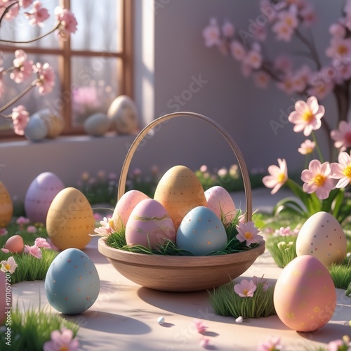 Modern Easter 2026 Spring Background with Decorated Eggs and Pastel Flowers