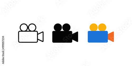 Video Camera Icon Set – Outline, Solid and Color Movie Camera Vector Collection