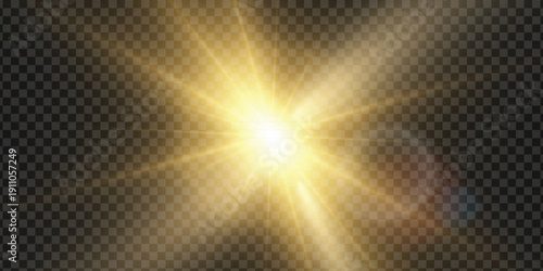 Bright golden sun flare with glowing rays and soft lens flare on transparent background. Perfect for summer posters, holiday travel ads, inspirational quote designs, product highlights, sky