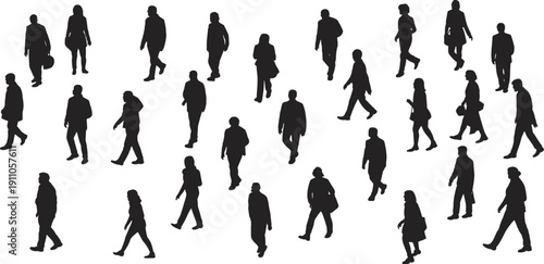 Crowd of walking people silhouettes isolated on white background, men and women pedestrians in different poses, urban city movement, commuting lifestyle concept illustration.