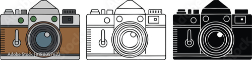 Vintage film camera silhouette & Outline and illustration set isolated on transparent background