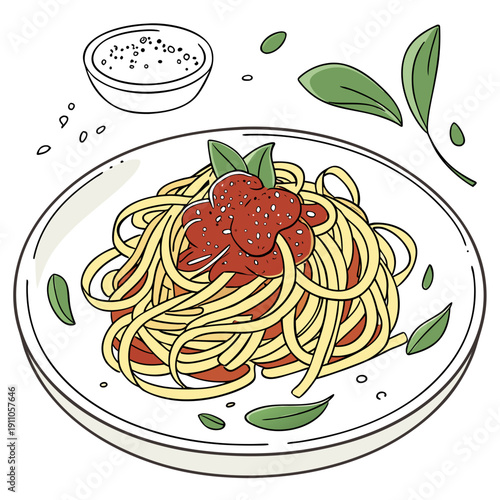 Cartoon Pasta Bowl Illustration Isolated on White. Italian Pasta Dish Vector Flat Design. Spaghetti with Tomato Sauce Clipart Illustration. Delicious Pasta Plate Top View Vector Art. Hand Drawn Style 