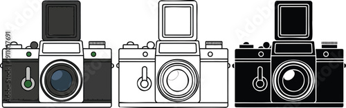 Vintage film camera silhouette & Outline and illustration set isolated on transparent background