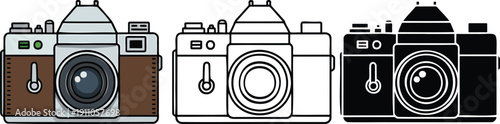 Vintage film camera silhouette & Outline and illustration set isolated on transparent background