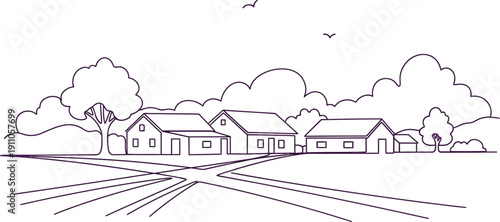 Rural Landscape with Houses and Trees