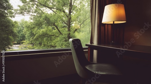 Cozy desk setup by window with soft lamp light and serene view of green trees in tranquil atmosphere perfect for relaxation and focus during work hours