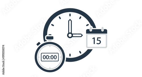 Clock icon with a calendar displaying the 15th representing time and scheduling