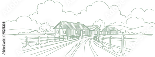 Rural Farmhouses and Fences Under Cloudy Skies