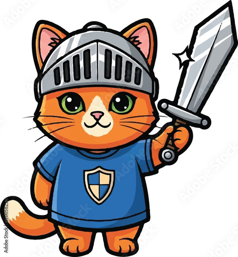 Cartoon cat knight holding sword with helmet and shield