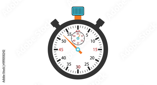 A black stopwatch illustration with a blue button and visible timing markers