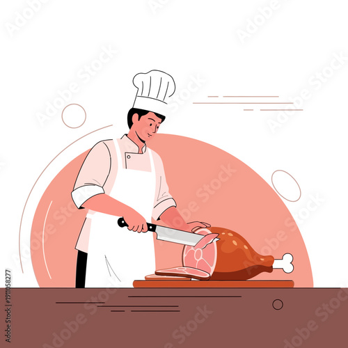 Professional Chef Meticulously Carving Prime Cut of Roasted Meat, Culinary Expertise in Action