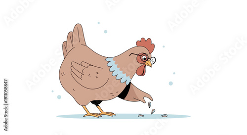Quirky Chicken With Glasses Pecking Seeds Cartoon Art