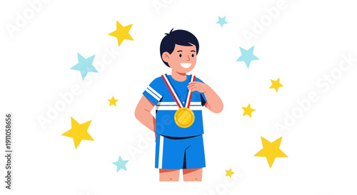 Proud Young Athlete Receives Gold Medal Surrounded By Celebratory Stars