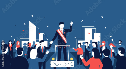 Public Figure Addressing Enthusiastic Crowd During Celebration Event With Confetti Falling Down