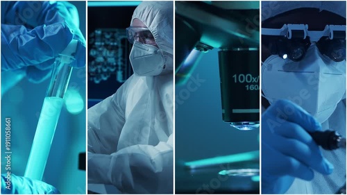 Technology and medical concept. Scientists, lab equipment and microscopes in biomedical innovations and clinical studies. Ideal for educational content. Vertical videos.