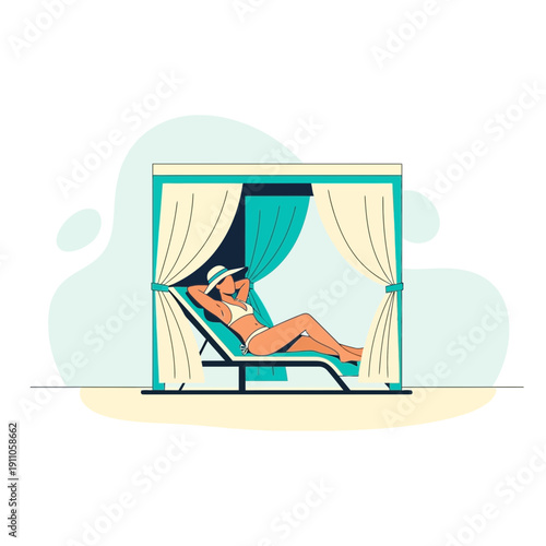 Relaxing Woman Enjoys Sun Under Beach Cabana Serene Vacation Vibe