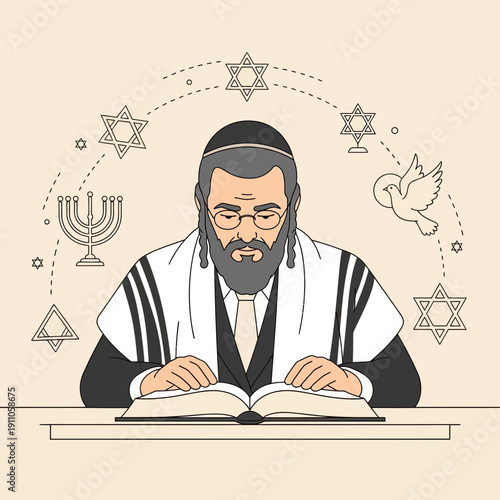 Rabbi Studying Sacred Texts Amidst Religious Symbols And Dove Illustration